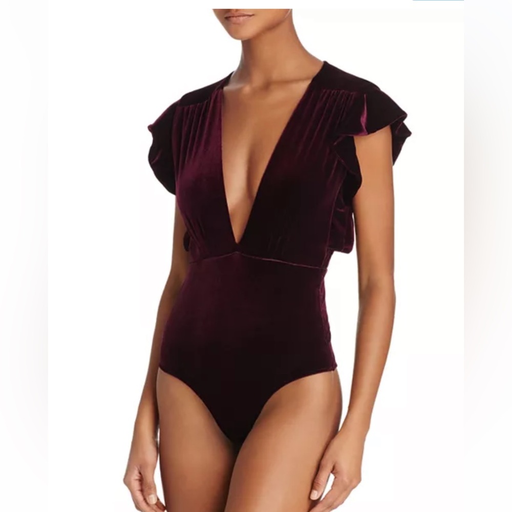 Misa Los Angeles Velvet V-neck Silver Bodysuit Medium
